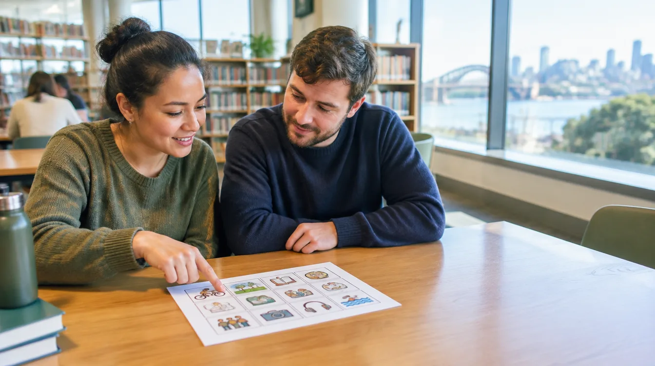 Two people discussing illustrated activity options at a table